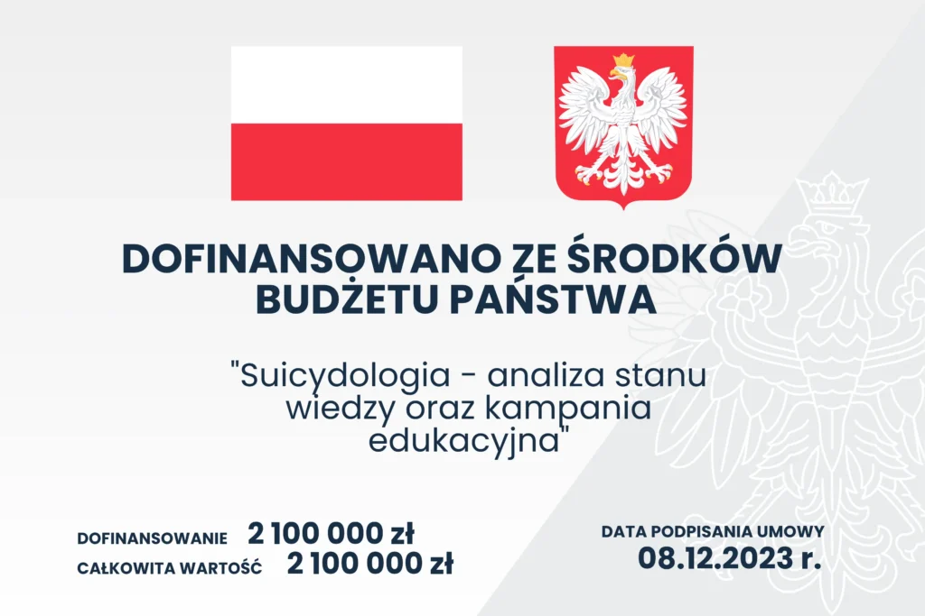 Plansza informacyjna o dofinansowaniu ze środków państwa do projektu "Suicydologia - analiza stanu wiedzy oraz kampania edukacyjna". Dofinansowanie: 2 100 000 zł Całkowita wartość: 2 100 000 zł Data podpisania umowy: 08.12.2023 r.. W planszy zawarty jest link do zakładki informującej o szczegółach projektu.