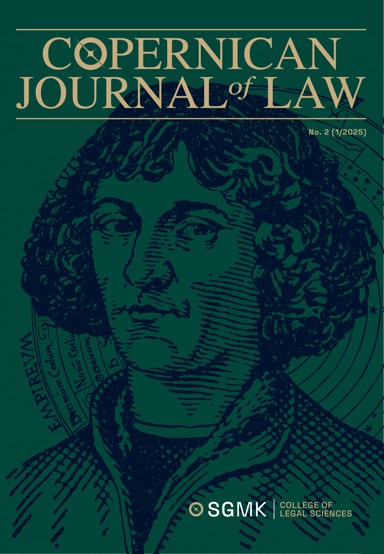 Okładka Copernican Journal Of Law przedstawiająca rysunek artystyczny Mikołaja Kopernika na zielonym tle.