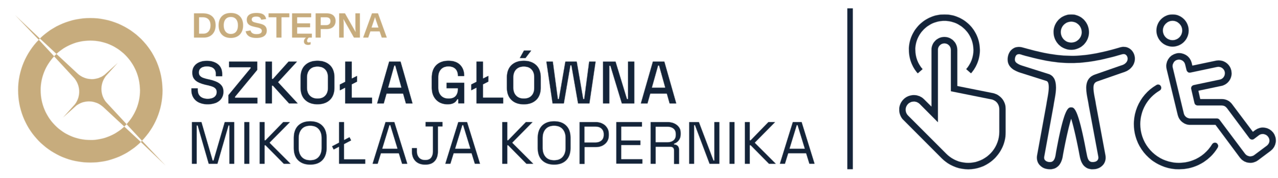Logo projektu „Dostępna Szkoła Główna Mikołaja Kopernika”, wizualnie podkreślające inkluzywność i szeroką dostępność uczelni za pomocą piktogramów ręki, osoby stojącej i wózka inwalidzkiego.
