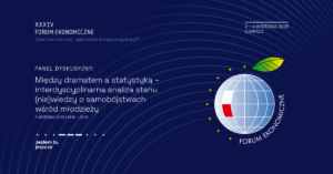 Grafika reklamująca panel dyskusyjny „Między dramatem a statystyką – interdyscyplinarna analiza stanu (nie)wiedzy o samobójstwach wśród młodzieży” podczas Forum Ekonomicznego.