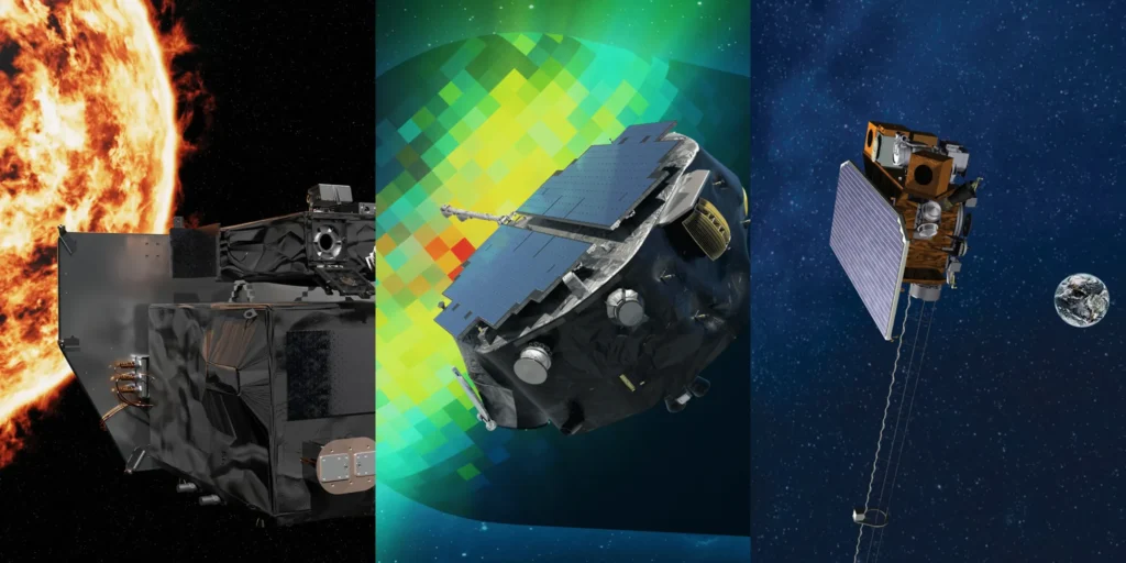 Od lewej do prawej, misje Carruthers Geocorona Observatory, IMAP (Interstellar Mapping and Acceleration Probe) oraz misje National Oceanic and Atmospheric Administration (NOAA) Space Weather Follow On-Lagrange 1 (SWFO-L1) będą mapować wpływ Słońca na Układ Słoneczny w nowy sposób.