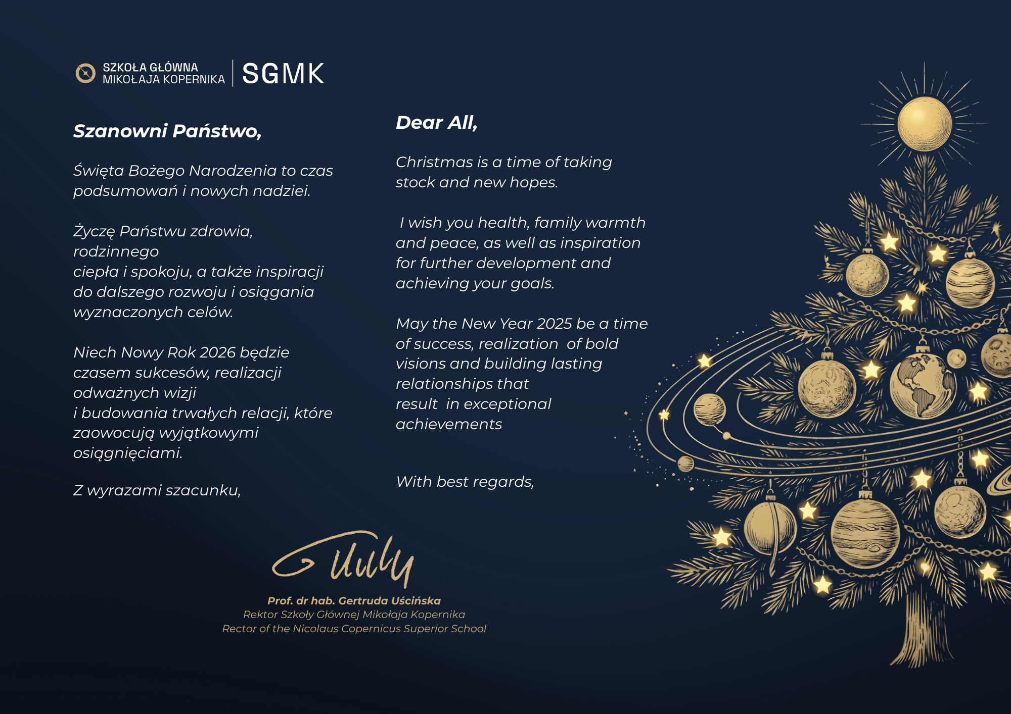 Kartka świąteczna zawierająca grafikę choinki świątecznej, udekorowanej bombkami w kształcie planet. Karta zawiera tekst życzeń świątecznych, które są dostępne w formie tekstu alternatywnego w dalszej części tekstu.