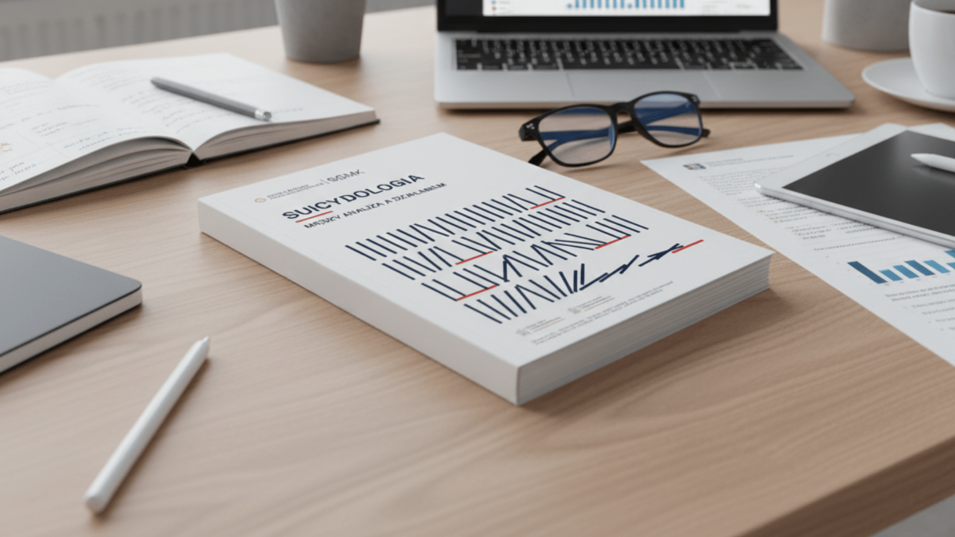 Biurko z leżącą książką „SUICYDOLOGIA. MIĘDZY ANALIZĄ A DZIAŁANIEM” na pierwszym planie, otoczone laptopem z wykresami, notatnikami i dokumentami, symbolizujące środowisko pracy naukowej lub badawczej.