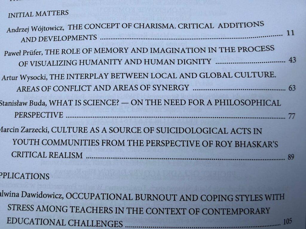 Fragment spisu treści publikacji, prezentujący listę artykułów z nazwiskami autorów, tytułami i numerami stron. Widoczny jest artykuł Marcin Zarzecki, CULTURE AS A SOURCE OF SUICIDOLOGICAL ACTS IN YOUTH COMMUNITIES FROM THE PERSPECTIVE OF ROY BHASKAR'S CRITICAL REALISM