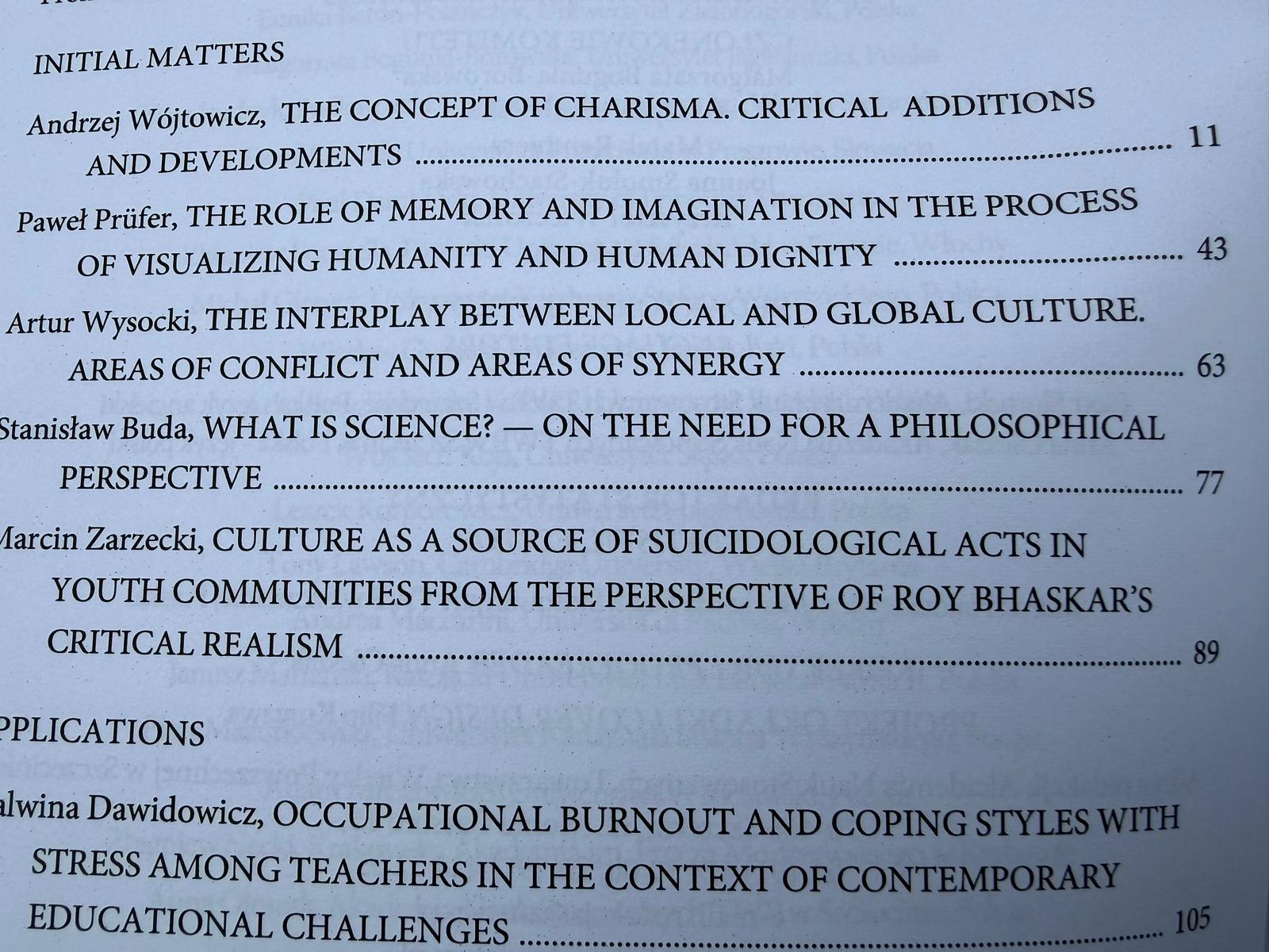 Fragment spisu treści publikacji, prezentujący listę artykułów z nazwiskami autorów, tytułami i numerami stron. Widoczny jest artykuł Marcin Zarzecki, CULTURE AS A SOURCE OF SUICIDOLOGICAL ACTS IN YOUTH COMMUNITIES FROM THE PERSPECTIVE OF ROY BHASKAR'S CRITICAL REALISM