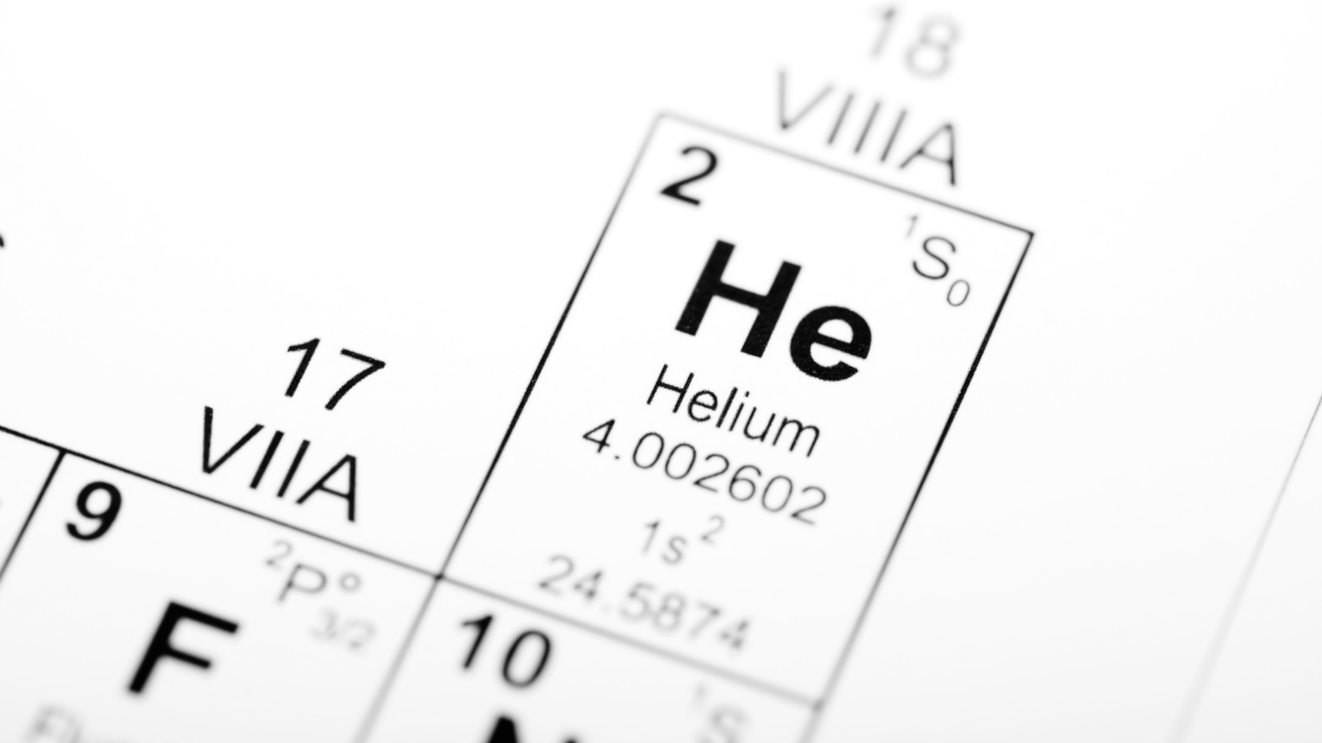 Zbliżenie na układ okresowy pierwiastków, podkreślające pierwiastek Hel (He) o liczbie atomowej 2, z widoczną masą atomową (4.002602) i konfiguracją elektronową (1s²).