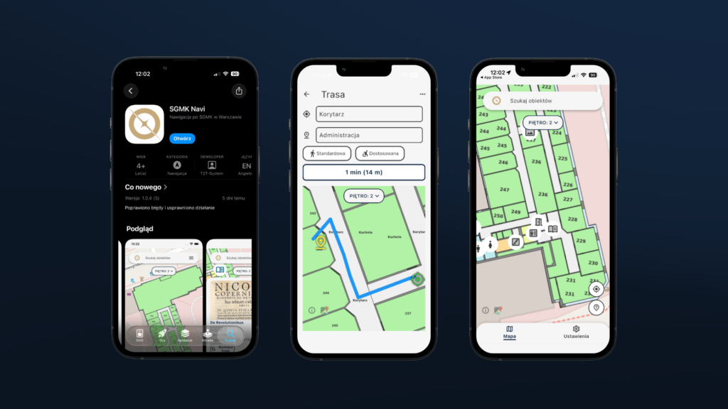Mobilna aplikacja do nawigacji wewnętrznej "SGMK Navi". Trzy ekrany przedstawiają jej opis w App Store, planowanie trasy na drugim piętrze z "Korytarza" do "Administracji" (1 min, 14 m) oraz interaktywną mapę z wyszukiwaniem obiektów i ikonami punktów usługowych.
