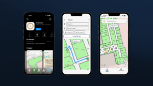 Mobilna aplikacja do nawigacji wewnętrznej "SGMK Navi". Trzy ekrany przedstawiają jej opis w App Store, planowanie trasy na drugim piętrze z "Korytarza" do "Administracji" (1 min, 14 m) oraz interaktywną mapę z wyszukiwaniem obiektów i ikonami punktów usługowych.