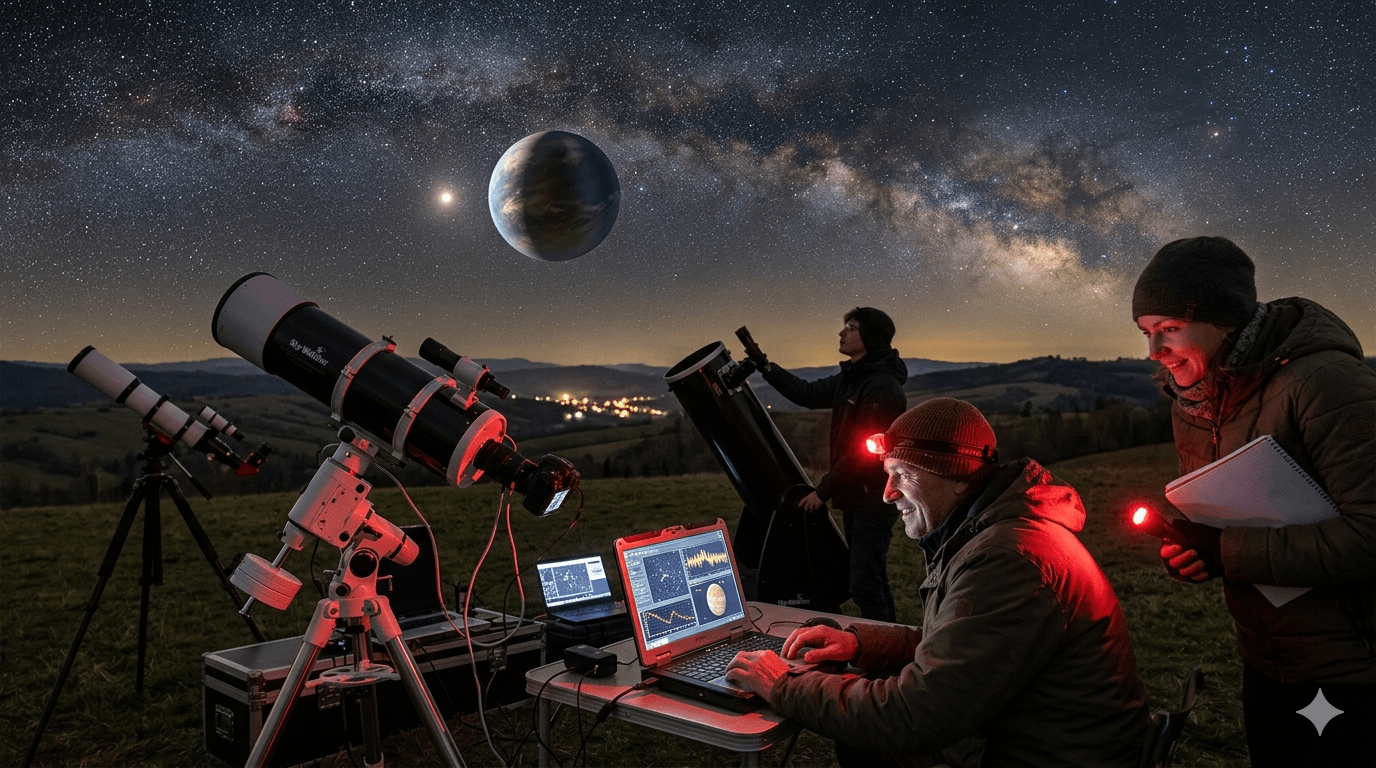 Astronomowie z teleskopami pod nocnym niebem z Drogą Mleczną i ogromną planetą.