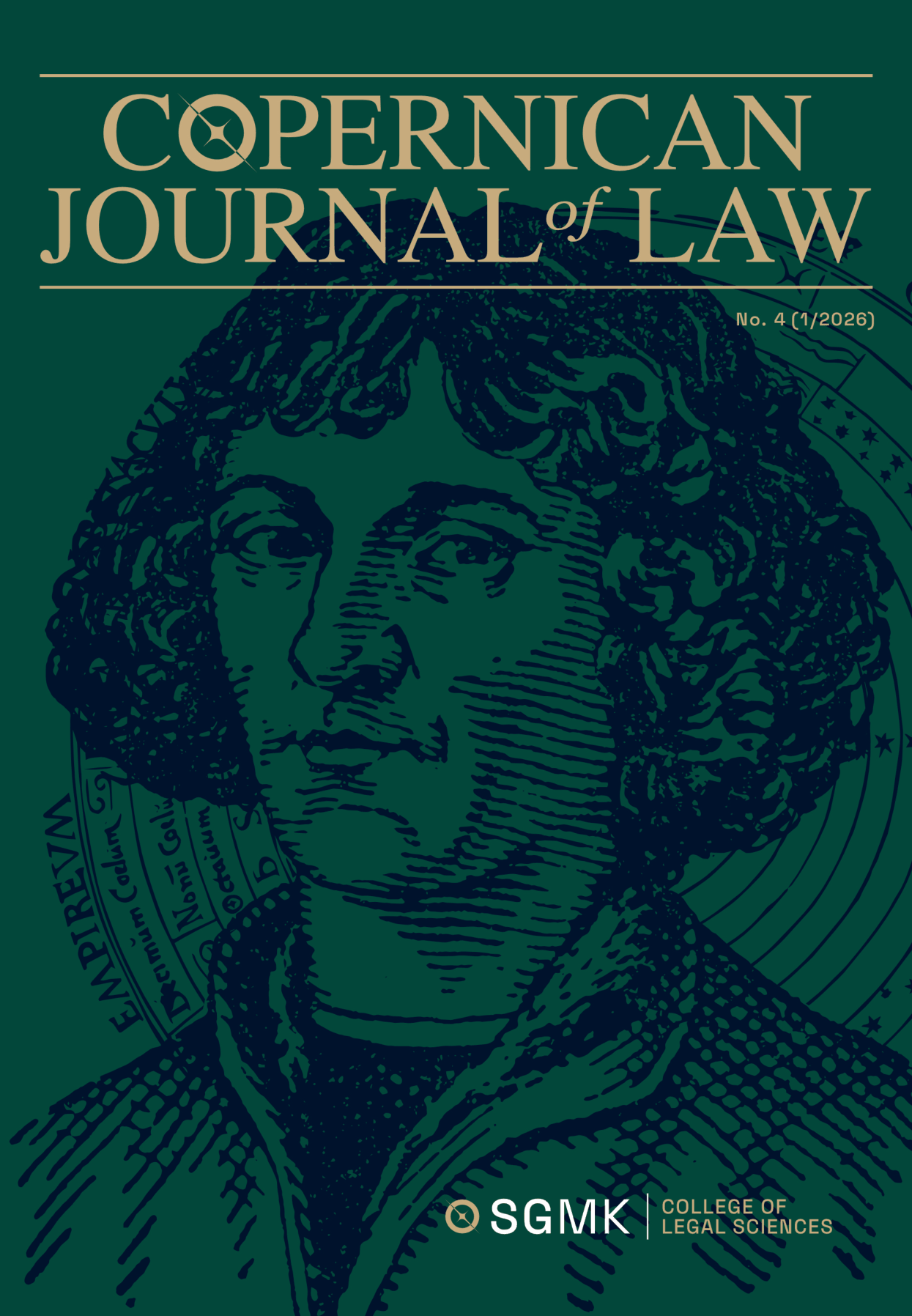 Okładka Copernican Journal of Law nr 4 (1/2026) z portretem Kopernika i logo SGMK College of Legal Sciences.