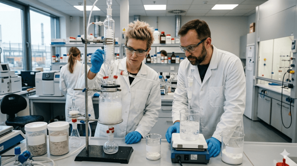 Dwoje naukowców w białych fartuchach obsługujących szklaną aparaturę badawczą w laboratorium chemicznym.