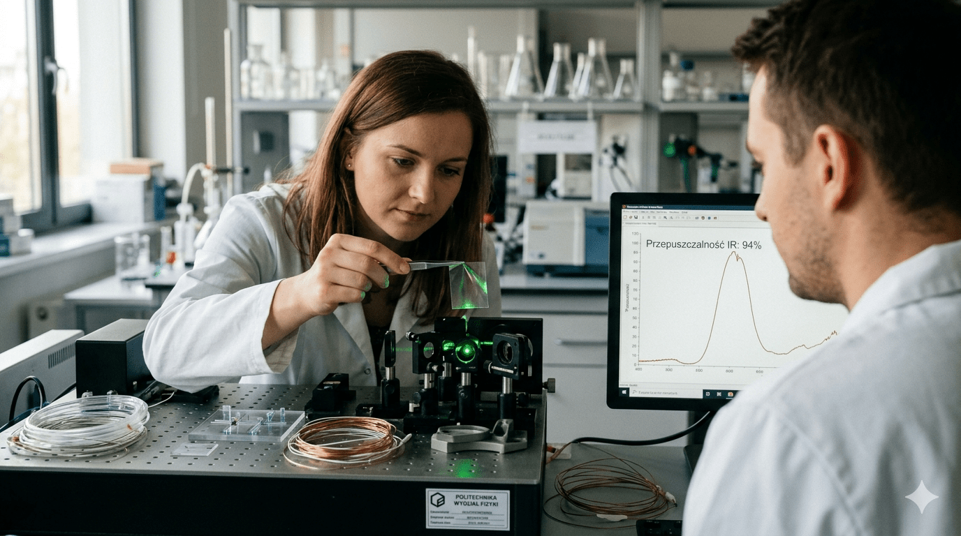 Naukowcy w laboratorium fizycznym badają materiał laserem, analizując wyniki na wykresie.