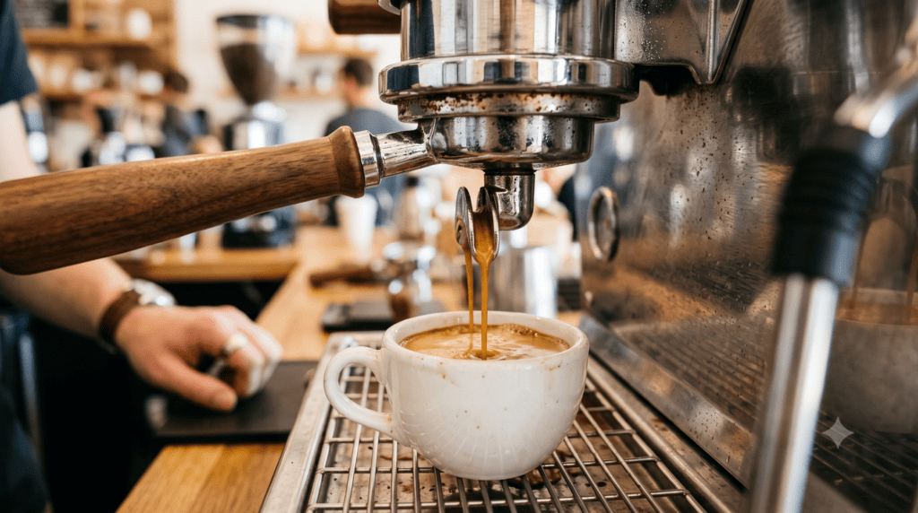 Espresso płynące z kolbowego ekspresu do białej filiżanki.