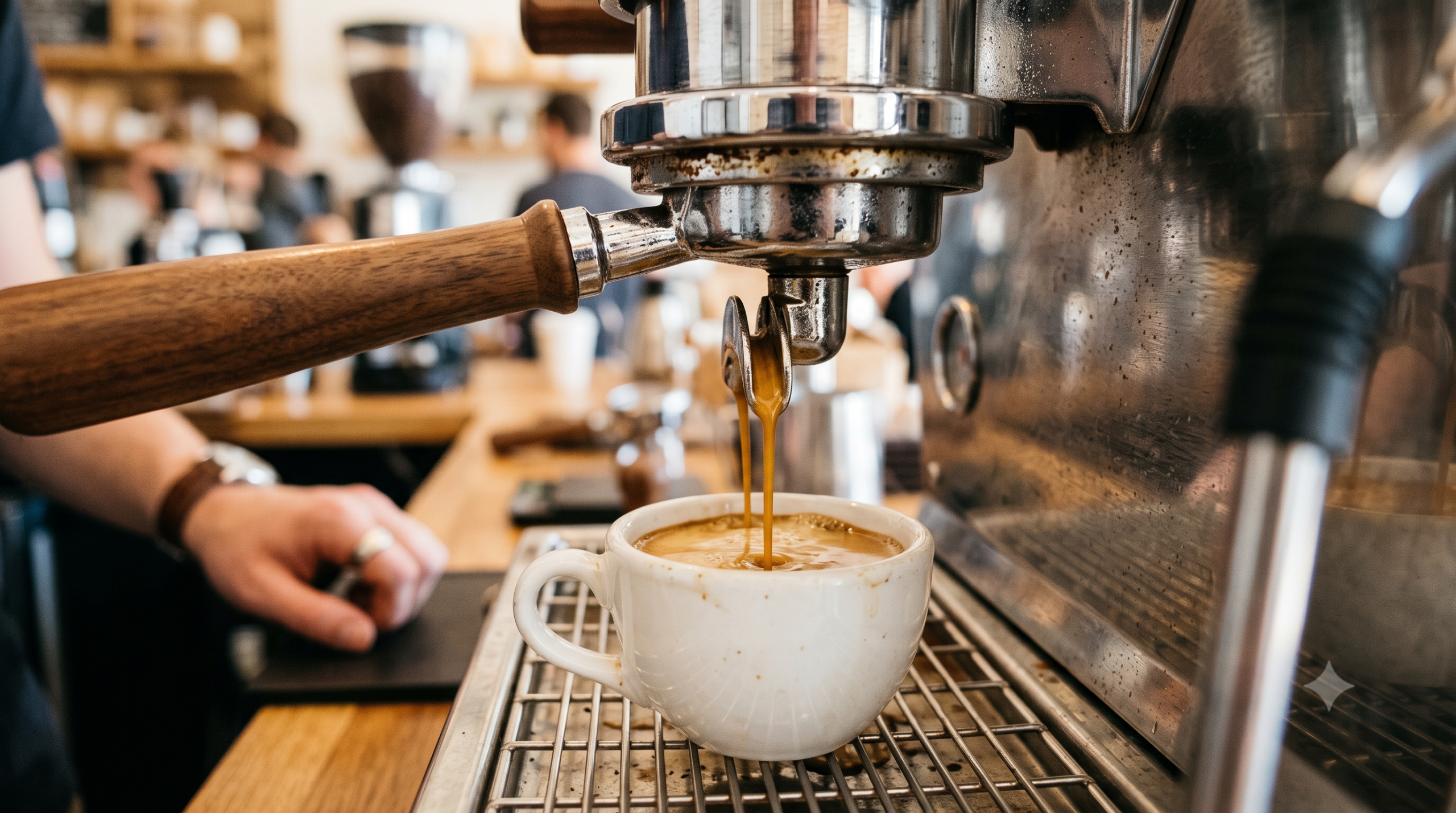 Espresso płynące z kolbowego ekspresu do białej filiżanki.