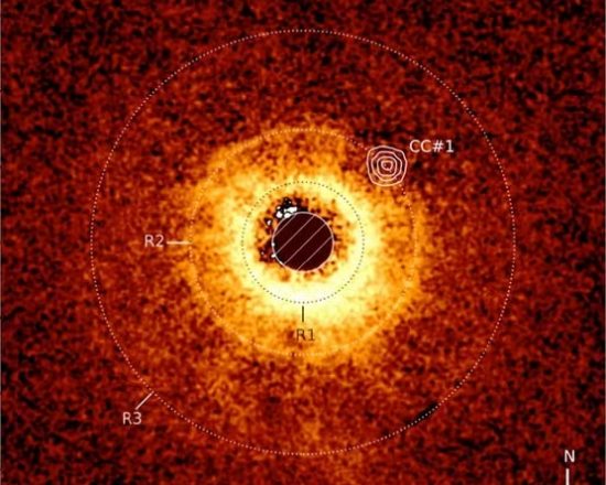 Dyski wokół gwiazdy TWA 7, z egzoplanetą w punkcie CC#1. Źródło: JWST/ESO/LAGRANGE